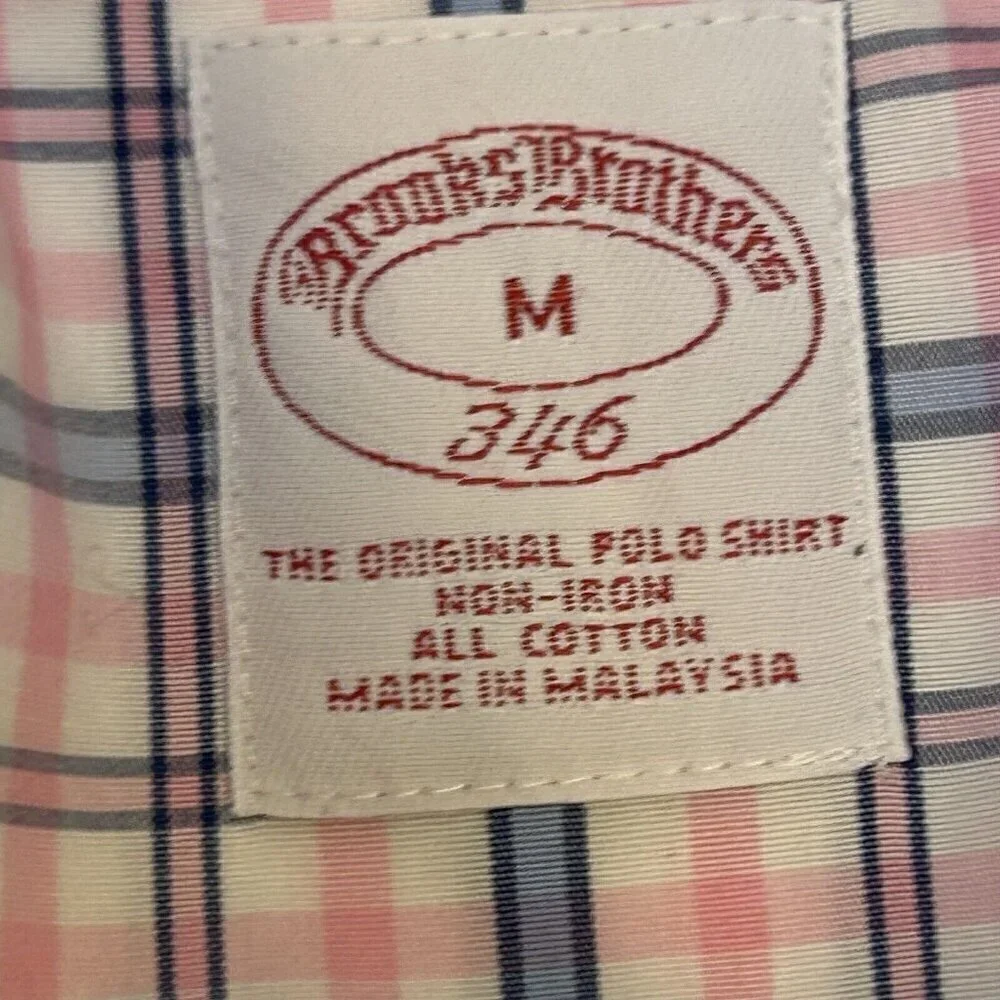 Brooks Brothers 346 Shirt Mens Medium Plaid Pink Blue Button Up Camp Casual